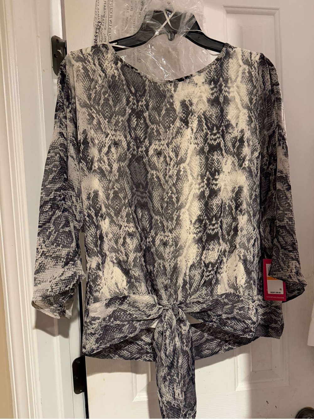 Vince Camuto Black & White Snake-Print Tie-Front Blouse